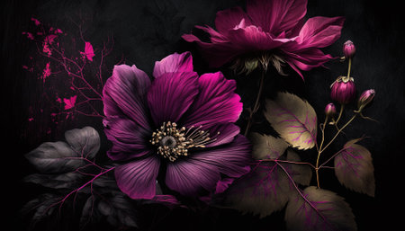 Generative AI, Close up of blooming flowerbeds of amazing viva magenta flowers on dark moody floral textured background. photorealistic effect.の素材