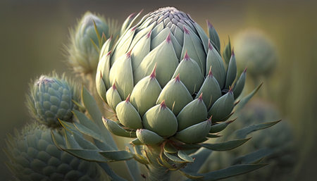 Generative AI, Artichoke macro photorealistic illustration, agricultural vegetable. Nature organic healthy farm food concept, horizontal banner.の素材