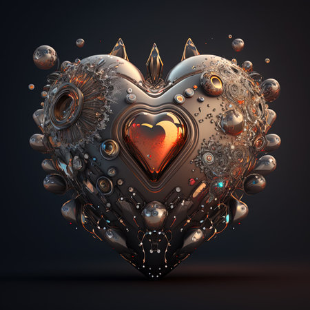 Generative AI, Metal robotic royal heart with precious stones, jewelry futuristic illustration. Love, feelings, romantic Valentine's Day concept, realistic 3d effect.の素材