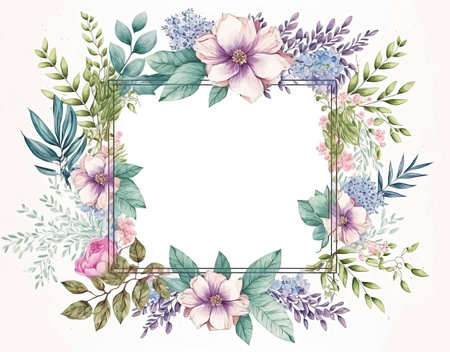 Generative AI, Watercolor frame with spring flowers, hand drawn art style with place for text. Greeting, birthday and other holiday, wedding invitation conceptの素材