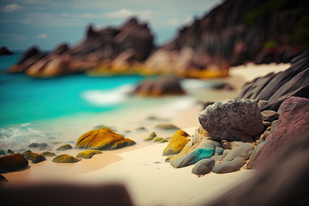 Generative AI, Exotic beach landscape panorama, beautiful ocean view. Nature summer Illustration, photorealistic tilt shift horizontal banner, travel and vacation concept.の素材