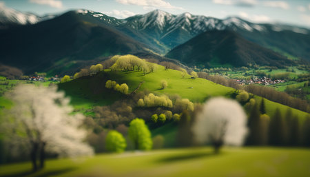 Generative AI, Mountains spring green landscape, houses, trees, road, beautiful countryside. Nature Illustration, photorealistic tilt shift horizontal banner.の素材