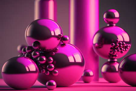 Generative AI, Two big spheres and little beads, balls in magenta color. Glossy pink fluid banner, 3D scene effect, modern macro photorealistic abstract background illustration.の素材