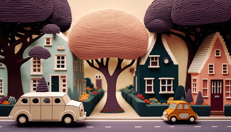 Generative AI, cute street made of crochet, houses, trees, road, cars. Soft colors, dreamy scene cityscape made of crochet materials, wool, fabric, yarn, sewing for backgroundの素材