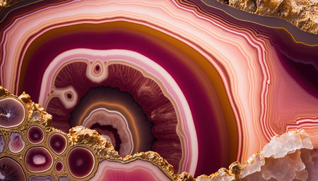 Generative AI, natural volcanic agate stones close-up pink magenta and golden texture. Wallpaper background, quartz marble, decorative rock patternの素材