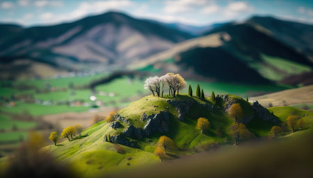 Generative AI, Mountains spring green landscape, houses, trees, road, beautiful countryside. Nature Illustration, photorealistic tilt shift horizontal banner.の素材