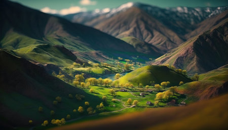 Generative AI, Mountains spring green landscape, houses, trees, road, beautiful countryside. Nature Illustration, photorealistic tilt shift horizontal banner.の素材