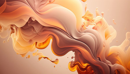 Generative AI, Flowing light apricot crush smoke with splashes. Soft fluid banner, spring female mood, 3D effect, modern macro realistic abstract background illustration, ink in water effect.の素材