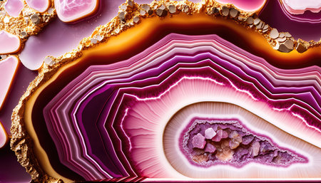 Generative AI, natural volcanic agate stones close-up pink magenta and golden texture. Wallpaper background, quartz marble, decorative rock patternの素材