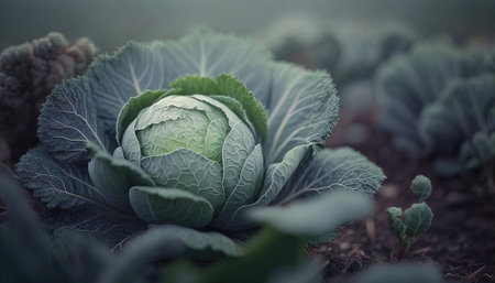 Generative AI, Cabbage macro photorealistic illustration, agricultural vegetable. Nature organic healthy farm food concept, horizontal banner.の素材