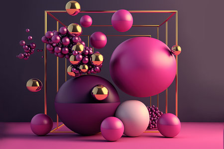 Generative AI, geometric figures, cube, floating spheres and balls in magenta color. Glossy pink fluid banner, 3D scene effect, modern macro photorealistic abstract background illustration.の素材
