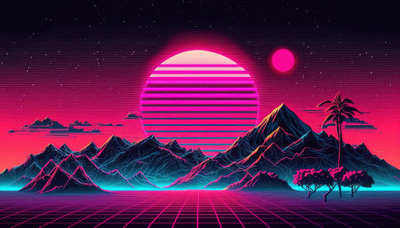 Generative AI, Retro style, nostalgic 80s, 90s. Night landscape, sunset colors, scifi, retrowave vintage illustration. Sun, mountains, roads and trees. Digital Retro Cyber Surface.の素材