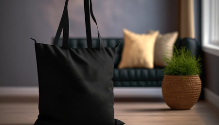 Generative AI, Realistic black tote canvas fabric bag set-up in at home interior, mug mock up blank.の素材