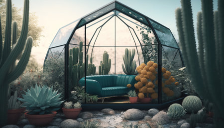 Generative AI, Green house from the glass, tent-glass garden with a lot of plants. photorealistic effect.の素材