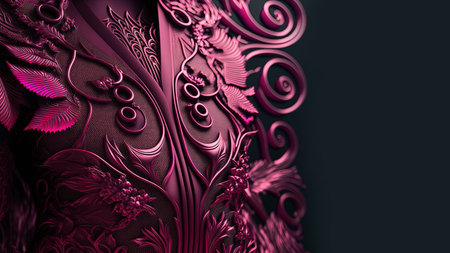 Generative AI, futuristic female dress in magenta color, electric fashion style. Glossy pink clothes, 3D effect, modern macro detailed photorealistic abstract background illustration.の素材