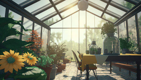 Generative AI, Green house from the glass, tent-glass garden with a lot of plants. photorealistic effect.の素材
