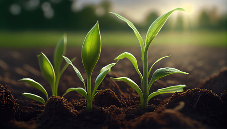 Generative AI, Young plant Growing In sunlight from the ground, macro photorealistic illustration, vegetable. Nature organic healthy farm food concept, horizontal banner.の素材