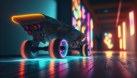 Generative AI, skate board in cyberpunk style, disco nostalgic 80s, 90s. Neon night lights vibrant colors, photorealistic horizontal illustration of the futuristic city. Sport activity concept.の素材