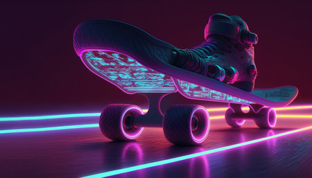 Generative AI, skate board in cyberpunk style, disco nostalgic 80s, 90s. Neon night lights vibrant colors, photorealistic horizontal illustration of the futuristic city. Sport activity concept.の素材