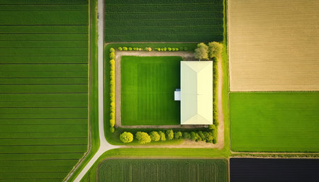 Generative AI, Farm landscape, agricultural fields, beautiful countryside, country road. Nature Illustration, photorealistic top view drone, horizontal banner.の素材