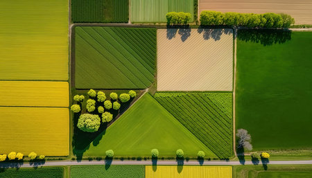 Generative AI, Farm landscape, agricultural fields, beautiful countryside, country road. Nature Illustration, photorealistic top view drone, horizontal banner.の素材