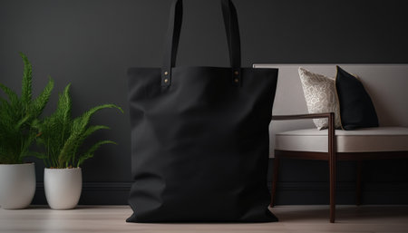 Generative AI, Realistic black tote canvas fabric bag set-up in at home interior, mug mock up blank.の素材