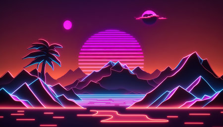 Generative AI, Retro style, nostalgic 80s, 90s. Night landscape, sunset colors, scifi, retrowave vintage illustration. Sun, mountains, roads and trees. Digital Retro Cyber Surface.の素材