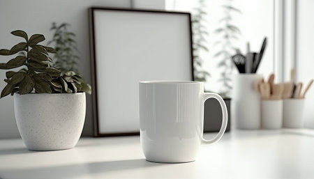 Generative AI, Realistic white ceramic cup set-up in at home interior, mug mock up blank. photorealistic illustrationの素材