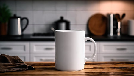 Generative AI, Realistic white ceramic cup set-up in at home interior, mug mock up blank. photorealistic illustrationの素材
