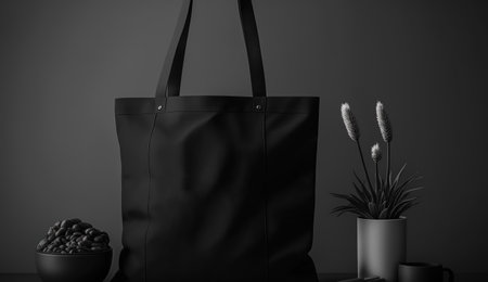 Generative AI, Realistic black tote canvas fabric bag set-up in at home interior, mug mock up blank.の素材