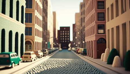 Generative AI, cute street made of crochet, houses, trees, road, cars. Soft colors, dreamy scene cityscape made of crochet materials, wool, fabric, yarn, sewing for backgroundの素材