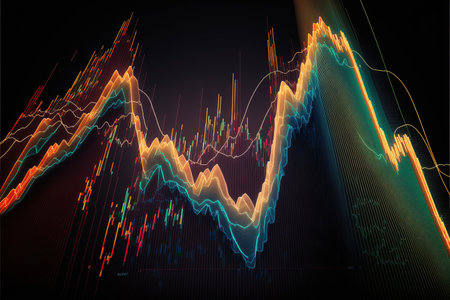 Generative AI, stock market chart lines, financial graph on technology abstract background represent financial crisis, financial meltdown. Technology concept, trading market concept.の素材