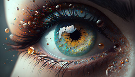 Generative AI, Macro human open eye with makeup, fantasy photorealistic horizontal illustration. Futuristic fantasy digital art concept.の素材