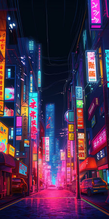 Generative AI, Night scene of after rain city in cyberpunk style, futuristic nostalgic 80s, 90s. Neon lights vibrant colors, photorealistic vertical illustration.の素材
