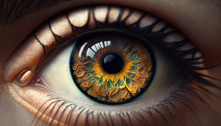 Generative AI, Macro human open eye with makeup, fantasy photorealistic horizontal illustration. Futuristic fantasy digital art concept.の素材