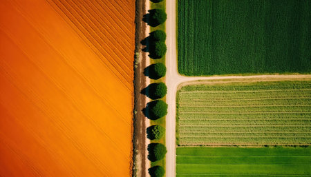 Generative AI, Farm landscape, agricultural fields, beautiful countryside, country road. Nature Illustration, photorealistic top view drone, horizontal banner.の素材