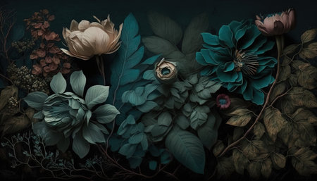 Generative AI, Close up of blooming flowerbeds of amazing teal flowers on dark moody floral textured background. photorealistic effect.の素材