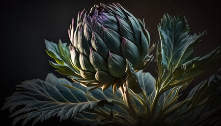 Generative AI, Artichoke macro photorealistic illustration, agricultural vegetable. Nature organic healthy farm food concept, dark studio background.の素材