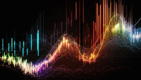 Generative AI, stock market chart lines, financial graph on technology abstract background represent financial crisis, financial meltdown. Technology concept, trading market concept.の素材