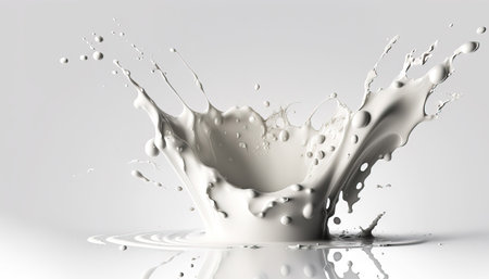 Generative AI, Flowing liquid with splashes in white color. Glossy creamy milk fluid banner, 3D effect, modern macro photorealistic abstract background illustration.の素材