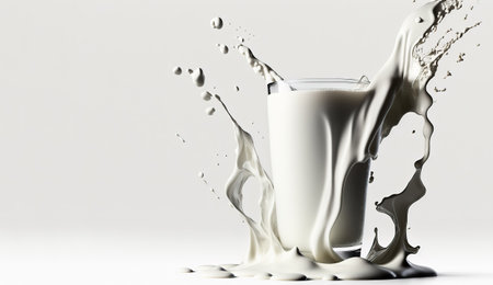 Generative AI, Flowing liquid with splashes in white color. Glossy cream milk fluid banner, 3D effect, modern macro photorealistic abstract background illustration.の素材