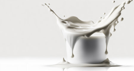Generative AI, Flowing liquid with splashes in white color. Glossy cream milk fluid banner, 3D effect, modern macro photorealistic abstract background illustration.の素材