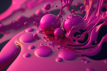 Generative AI, Flowing liquid with splashes in magenta color. Glossy pink fluid banner, 3D effect, modern macro photorealistic abstract background illustration.の素材