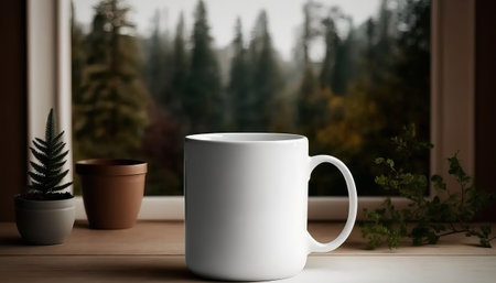 Generative AI, Realistic white ceramic cup set-up in at home interior, mug mock up blank. photorealistic illustrationの素材
