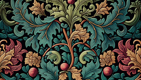 Generative AI, Floral colorful pattern. William Morris inspired natural plants and flowers background, vintage illustration. Foliage ornament.の素材