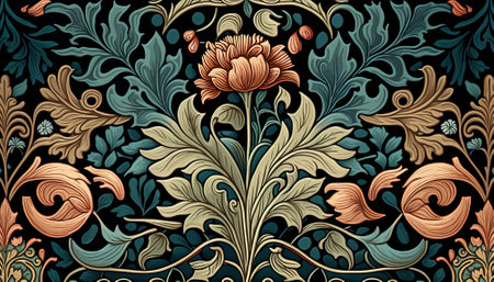 Generative AI, Floral colorful pattern. William Morris inspired natural plants and flowers background, vintage illustration. Foliage ornament.の素材