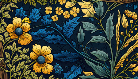 Generative AI, Floral yellow, blue, green colors pattern. William Morris inspired natural plants and flowers background, vintage illustration. Foliage ornament.の素材