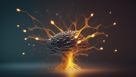 Generative AI, Conceptual illustration of neuron cells with glowing link knots in abstract dark space, high resolution. human nervous systemの素材