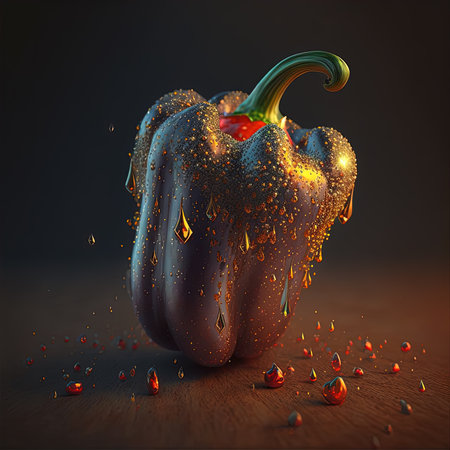 Generative AI, Metal golden royal pepper with precious stones, jewelry futuristic illustration. Food, vegetarian, healthy lifestyle concept, realistic 3d effect.の素材