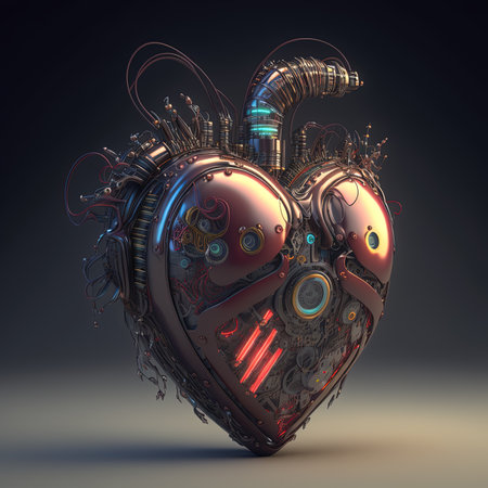 Generative AI, Robot heart in cyberpunk style, futuristic illustration. Love, feelings, romantic Valentine's day concept. Sci-fi replacement organ, realistic 3d effect.の素材